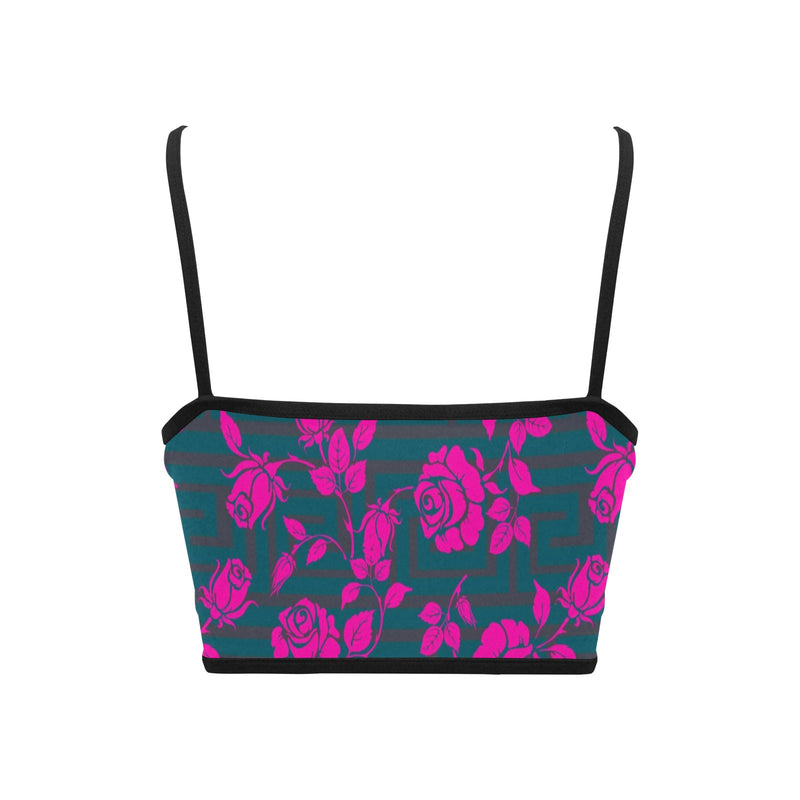 fuchsia rose emerald green greek key print 4 Women's Spaghetti Strap Crop Top (Model T67) - Objet D'Art
