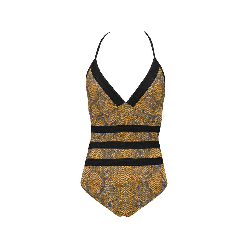 bronze snakeskin print Lace Band Embossing Swimsuit (Model S15) - Objet D'Art