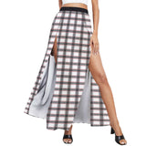 grid red gray print 2 High Slit Long Beach Dress (Model S40) - Objet D'Art