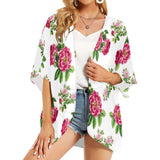 pink on white rose print Women's Kimono Chiffon Cover Up (Model H51) - Objet D'Art