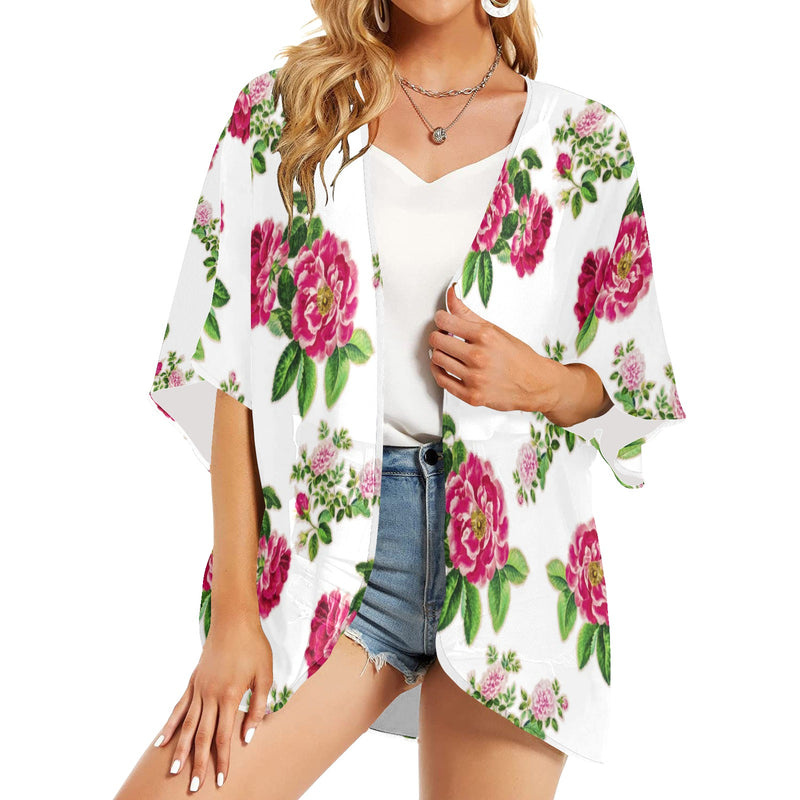 pink on white rose print Women's Kimono Chiffon Cover Up (Model H51) - Objet D'Art