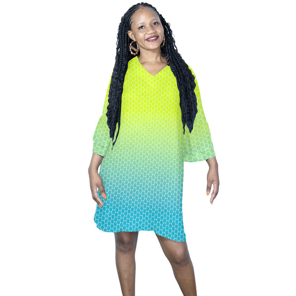 neon blue hex ombre print 4 Half Sleeves V-Neck Mini Dress (Model D63) - Objet D'Art