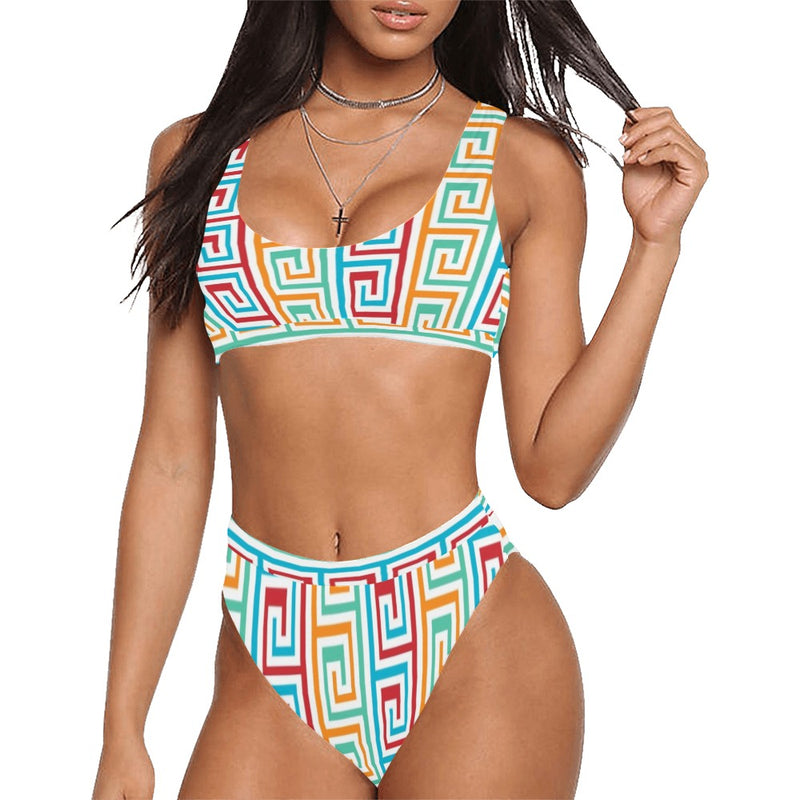 greek key print 2 A C Sport Top & High-Waisted Bikini Swimsuit (Model S07) - Objet D'Art