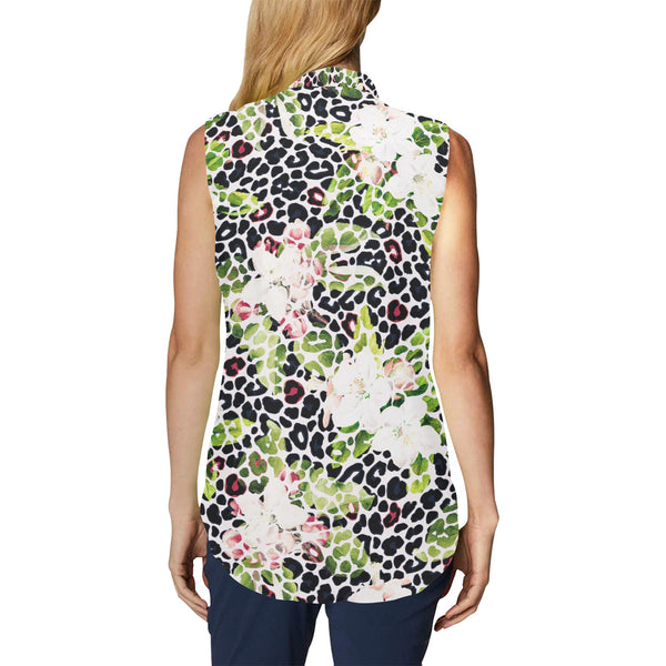 apple blossom leopard print Women's Bow Tie V-Neck Sleeveless Shirt (Model T69) - Objet D'Art