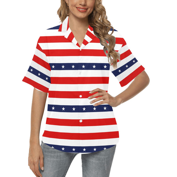 stars and stripes stripe horizontal print All Over Print Hawaiian Shirt for Women (Model T58) - Objet D'Art
