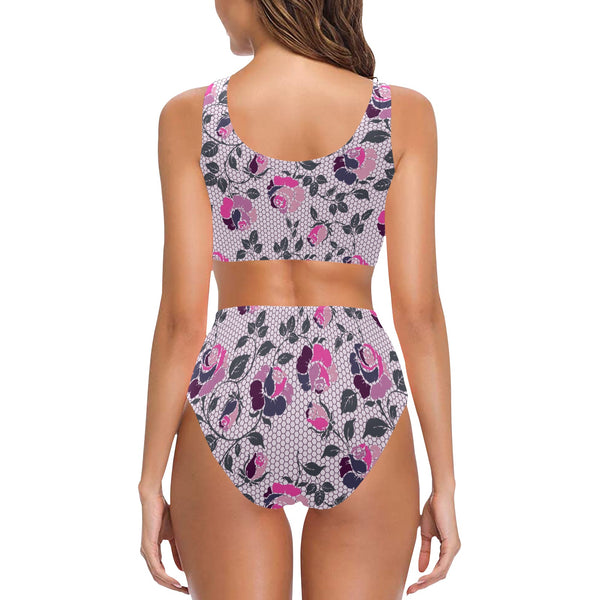 ROSE MULTICOLORED GRAY PINK PRINT 5 Chest Bowknot Bikini Swimsuit (Model S33) - Objet D'Art