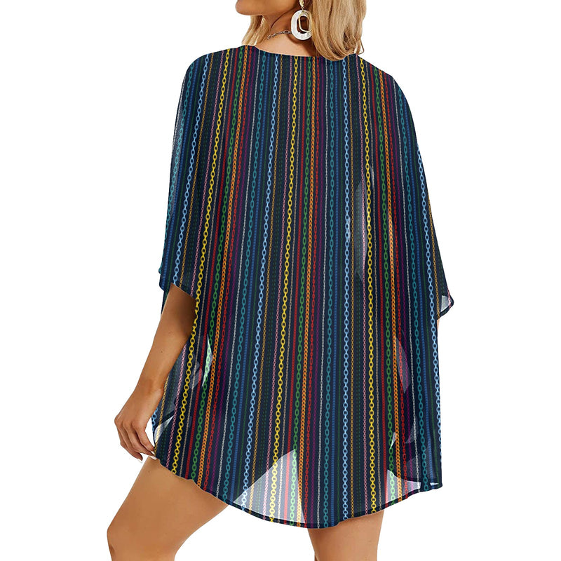 colored chain print Women's Kimono Chiffon Cover Up (Model H51) - Objet D'Art
