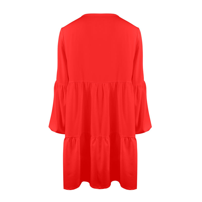 pure red print V-Neck Loose Fit Dress (Model D66) - Objet D'Art