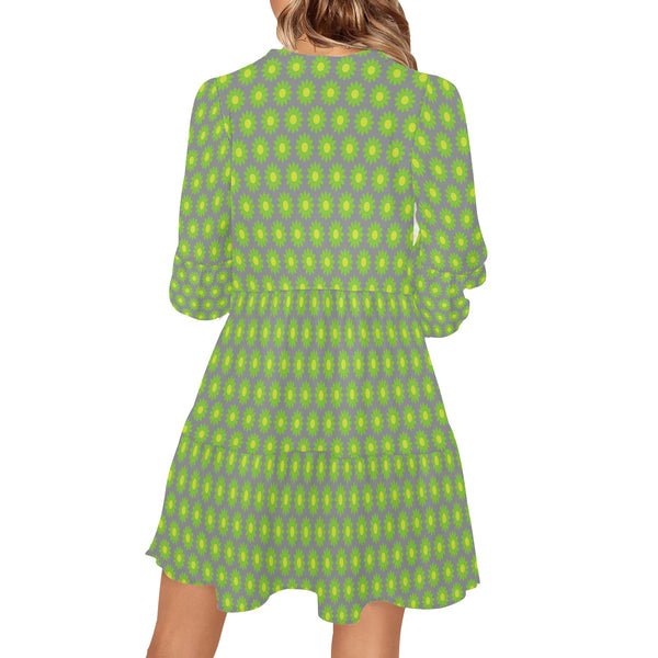 daisy gray and green print V-Neck Loose Fit Dress (Model D62) - Objet D'Art