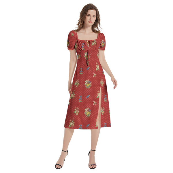 Wildflowers Puff Sleeve Split Thigh Midi Dress - Objet D'Art