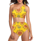 mandala gold print 3 High Waisted One Shoulder Bikini Set (Model S16) - Objet D'Art