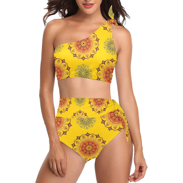 mandala gold print 3 High Waisted One Shoulder Bikini Set (Model S16) - Objet D'Art
