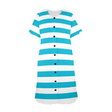 blue white striped 1A Women's Button Front House Dress - Objet D'Art