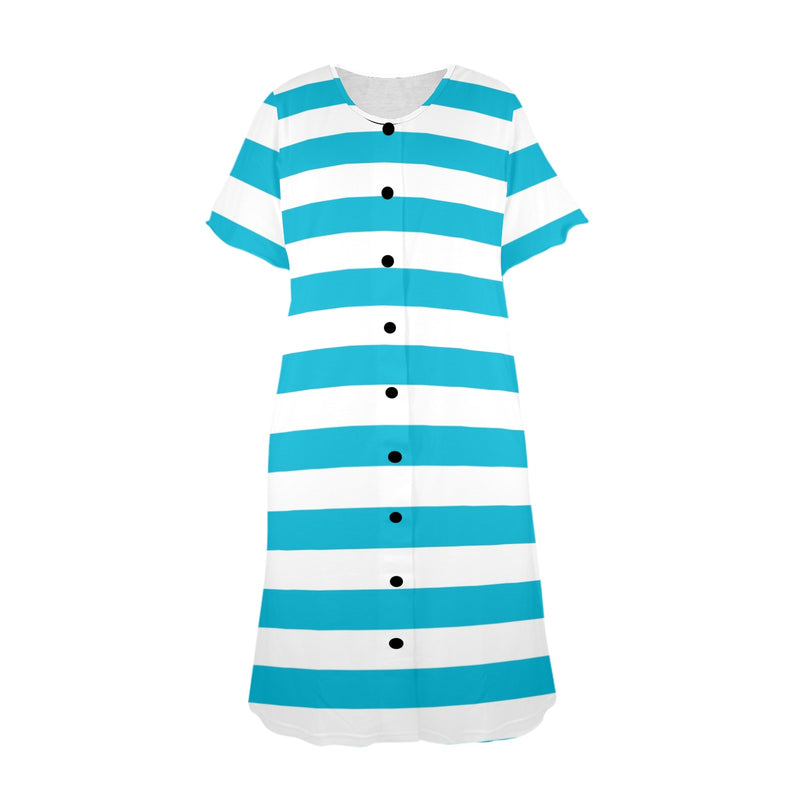 blue white striped 1A Women's Button Front House Dress - Objet D'Art