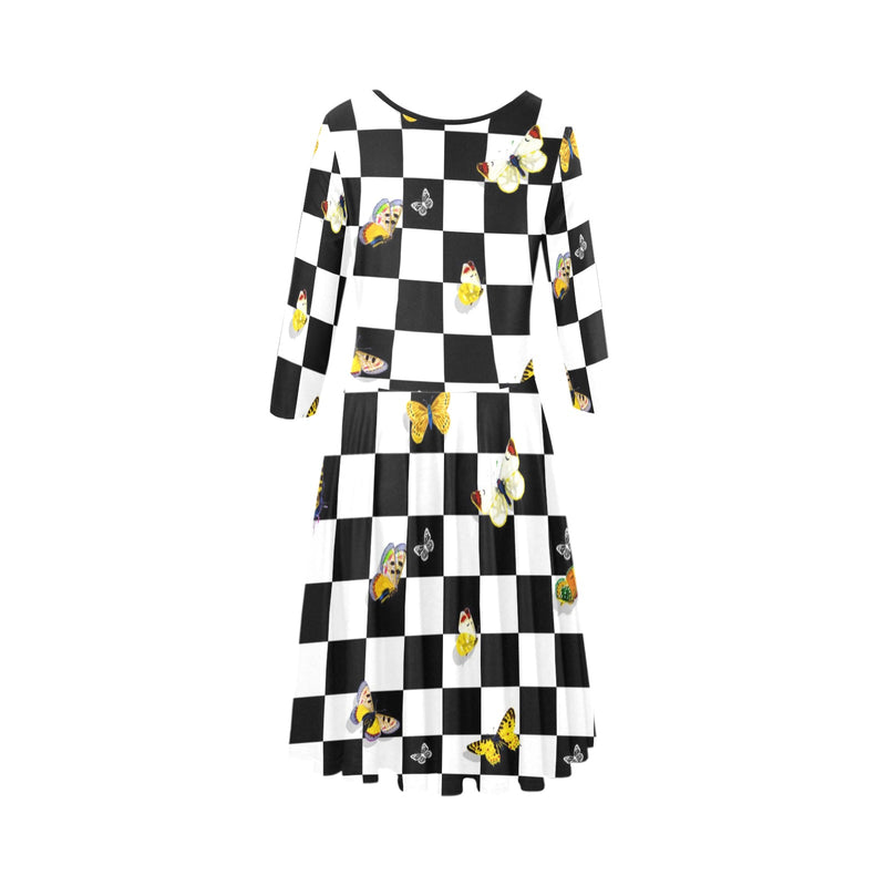 butterfly checker bw print Tethys Half-Sleeve Skater Dress(Model D20)