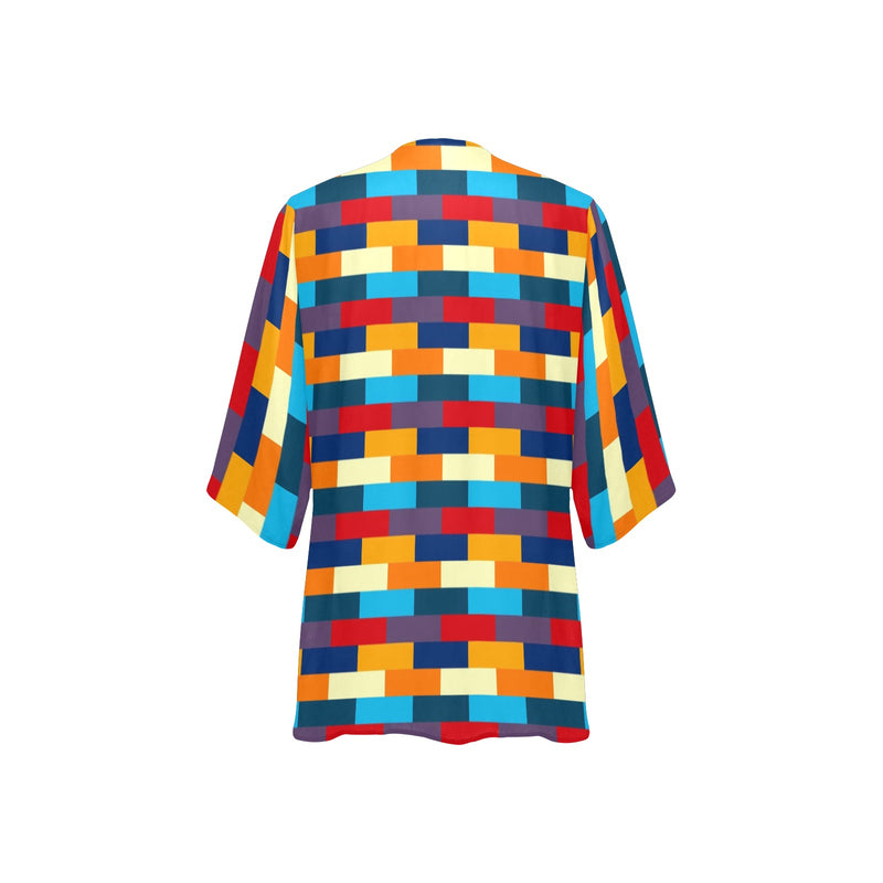 self portrait color scheme print Women's Kimono Chiffon Cover Up (Model H51) - Objet D'Art