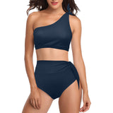 navy blue 2 print 4 High Waisted One Shoulder Bikini Set (Model S16) - Objet D'Art