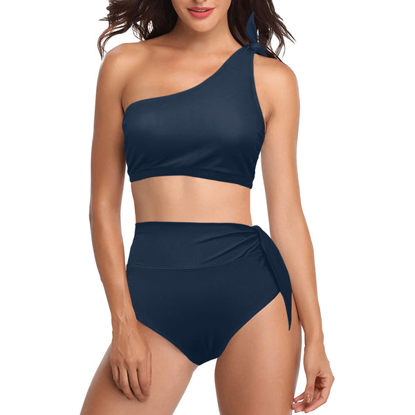 navy blue 2 print 4 High Waisted One Shoulder Bikini Set (Model S16) - Objet D'Art