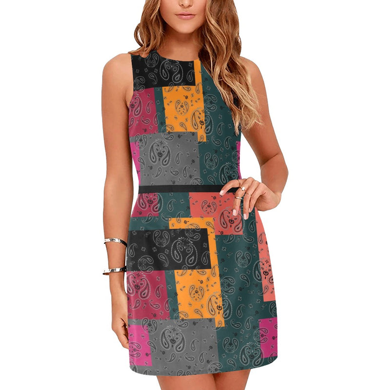 bandana print calico yoga_leggings_template-Recovered-Recovered copy Eos Women's Sleeveless Dress (Model D01) - Objet D'Art