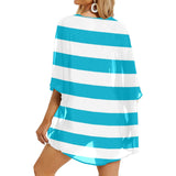 blue white striped 1A Women's Kimono Chiffon Cover Up (Model H51) - Objet D'Art
