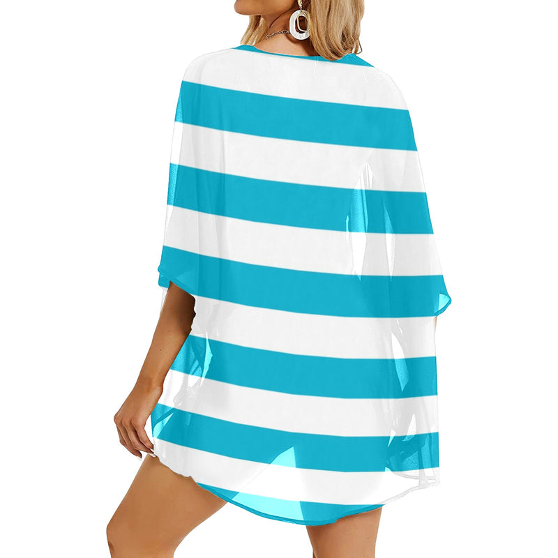 blue white striped 1A Women's Kimono Chiffon Cover Up (Model H51) - Objet D'Art