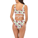 red pink white floral rose print 2 Cross String Bikini Set (Model S29) - Objet D'Art