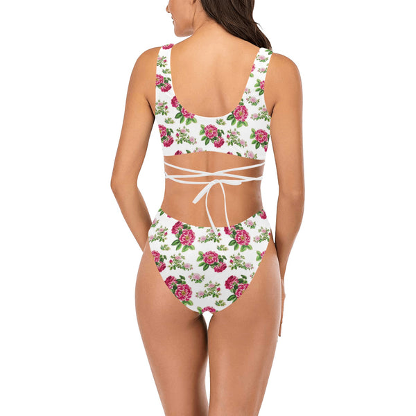 red pink white floral rose print 2 Cross String Bikini Set (Model S29) - Objet D'Art