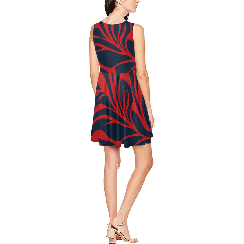red blue leaf print 2 Thea Sleeveless Skater Dress(Model D19) - Objet D'Art