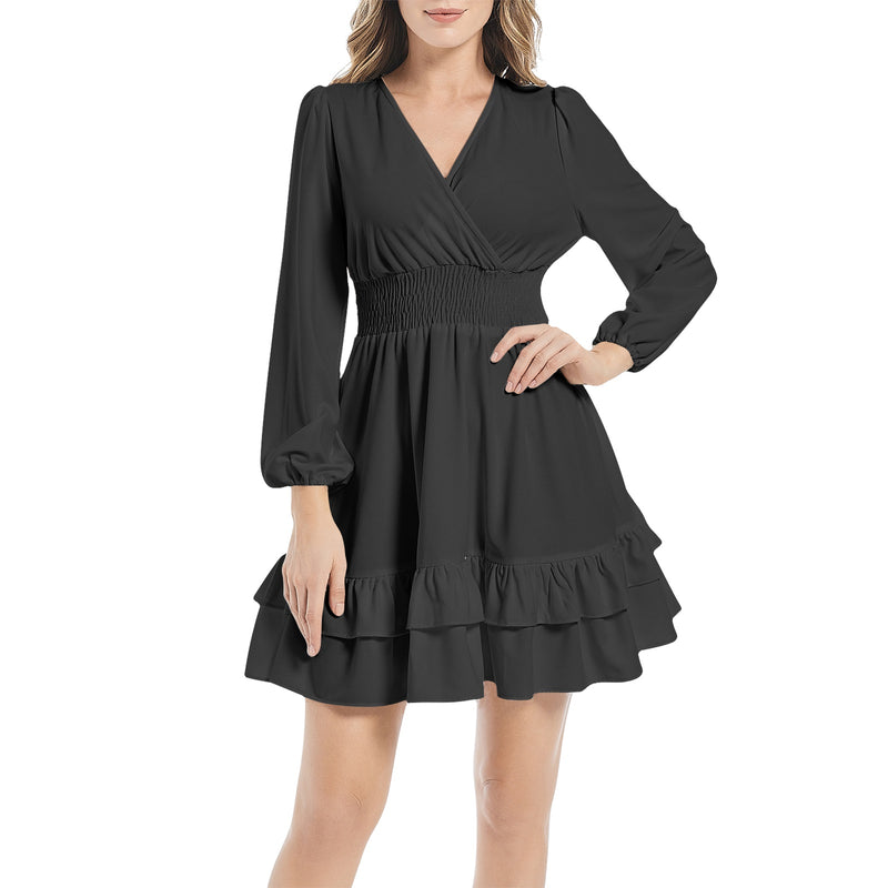 Black Long Sleeve Tiered Ruffle Hem Elastic Waist Mini Dress - Objet D'Art