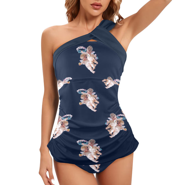 dark blue print 2 Women's One Shoulder Backless Swimsuit (Model S44) - Objet D'Art