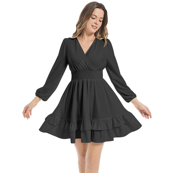 Black Long Sleeve Tiered Ruffle Hem Elastic Waist Mini Dress - Objet D'Art