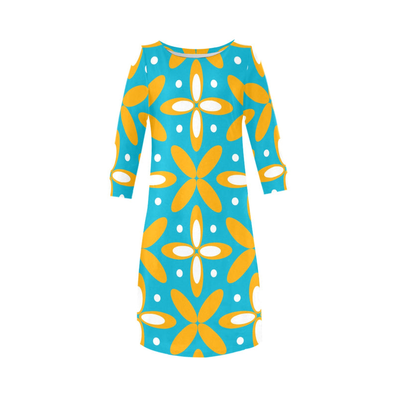 blue gold print petals Rhea Loose Round Neck Dress(Model D22) - Objet D'Art