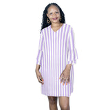 lavender stripes 2 Half Sleeves V-Neck Mini Dress (Model D63) - Objet D'Art