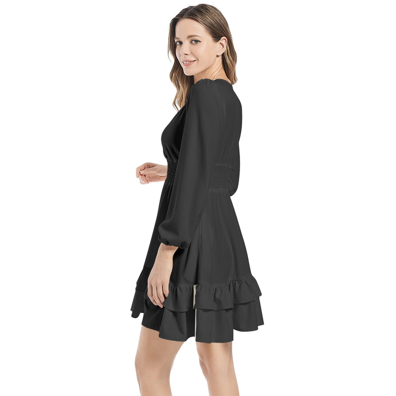 Black Long Sleeve Tiered Ruffle Hem Elastic Waist Mini Dress - Objet D'Art