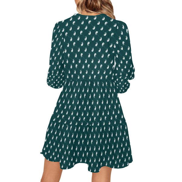 yin and yang green pattern print V-Neck Loose Fit Dress (Model D62) - Objet D'Art