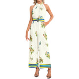 Spring Collage Halter Neck Buckle Belted Jumpsuit - Objet D'Art