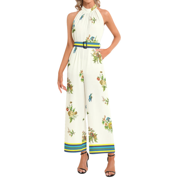 Spring Collage Halter Neck Buckle Belted Jumpsuit - Objet D'Art