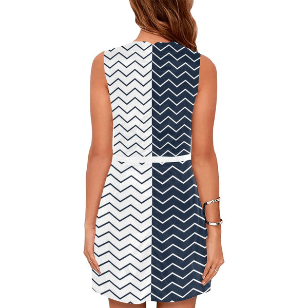 chevron blue and white print Eos Women's Sleeveless Dress (Model D01) - Objet D'Art