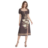 Hidden Dragon Puff Sleeve Split Thigh Midi Dress - Objet D'Art