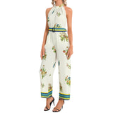Spring Collage Halter Neck Buckle Belted Jumpsuit - Objet D'Art