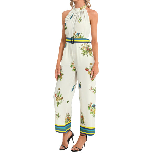 Spring Collage Halter Neck Buckle Belted Jumpsuit - Objet D'Art
