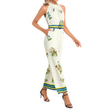 Spring Collage Halter Neck Buckle Belted Jumpsuit - Objet D'Art