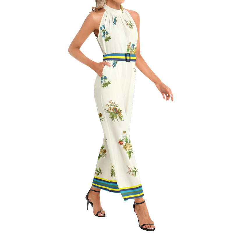 Spring Collage Halter Neck Buckle Belted Jumpsuit - Objet D'Art