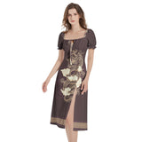 Hidden Dragon Puff Sleeve Split Thigh Midi Dress - Objet D'Art