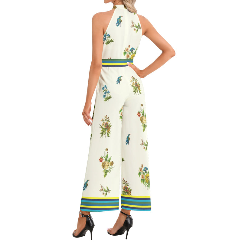 Spring Collage Halter Neck Buckle Belted Jumpsuit - Objet D'Art