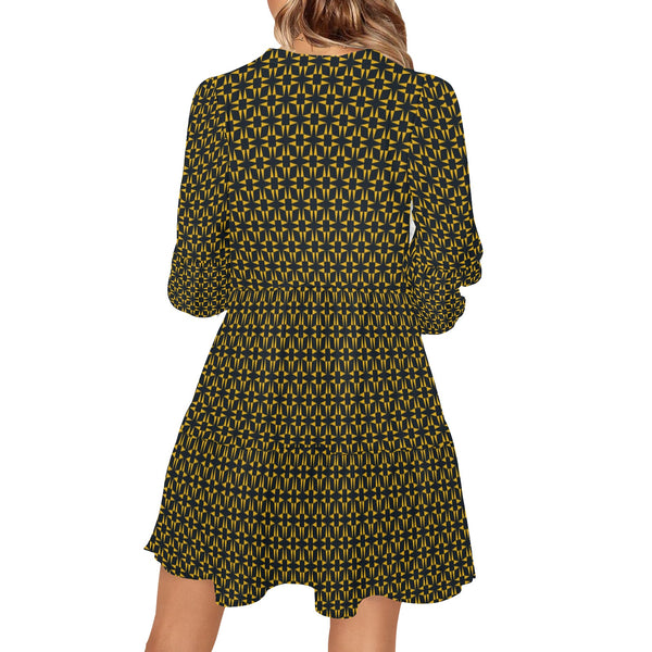 squares and triangles print V-Neck Loose Fit Dress (Model D62) - Objet D'Art