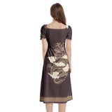 Hidden Dragon Puff Sleeve Split Thigh Midi Dress - Objet D'Art