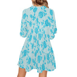 light blue greek key and medium blue roses print 2 V-Neck Loose Fit Dress (Model D62) - Objet D'Art