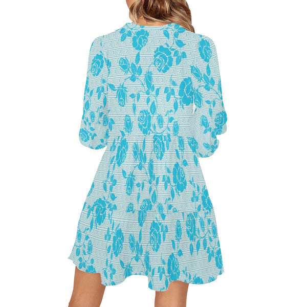 light blue greek key and medium blue roses print 2 V-Neck Loose Fit Dress (Model D62) - Objet D'Art