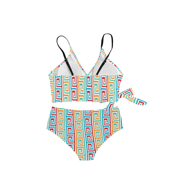 multi colored greek key print Knot Side Bikini Swimsuit (Model S37) - Objet D'Art